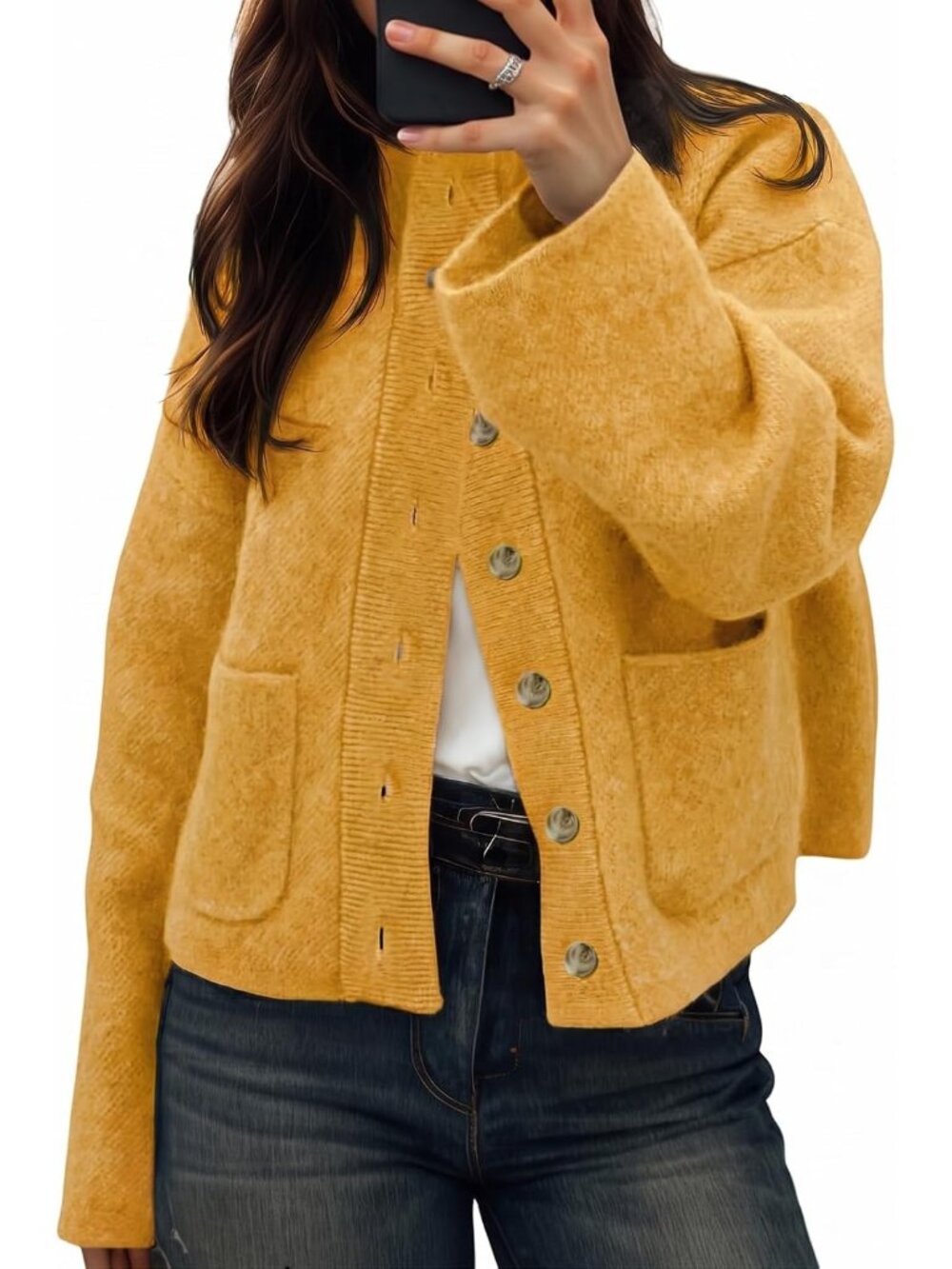 Women Mustard Mock Neck Chunky Knit Button-down Front Patch Pockets Cozy Jacket